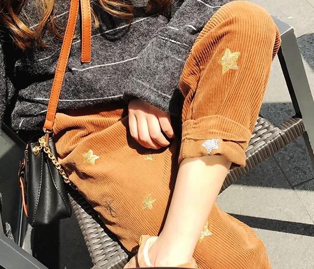 Блестящие вельветовые повседневные шаровары с принтом звезд женские брюки до