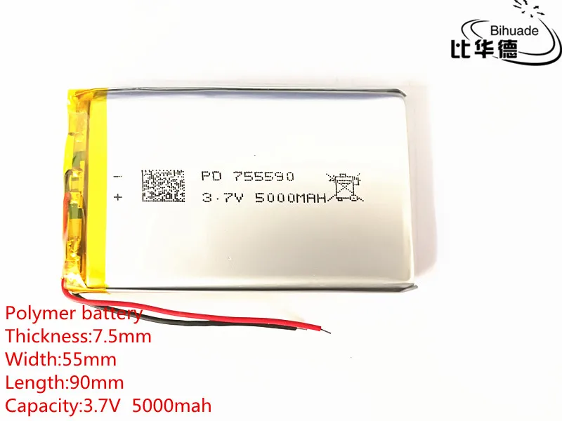 

Free shipping 1pcs/lot 755590 5000mAh Li-ion 3.7V DIY Rechargeable Battery Lithium Polymer Backup