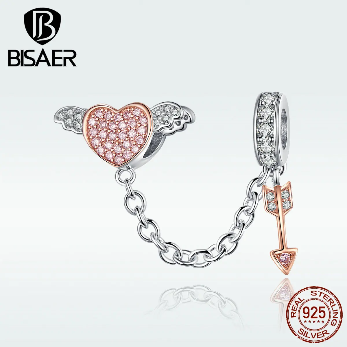 Bisaer, розовое золото, циркон, сердце, амулеты, 925 пробы, серебро, любовь, Стрела Амура, амулеты, безопасные бусины, модные, сделай сам, аксессуары HSC1208