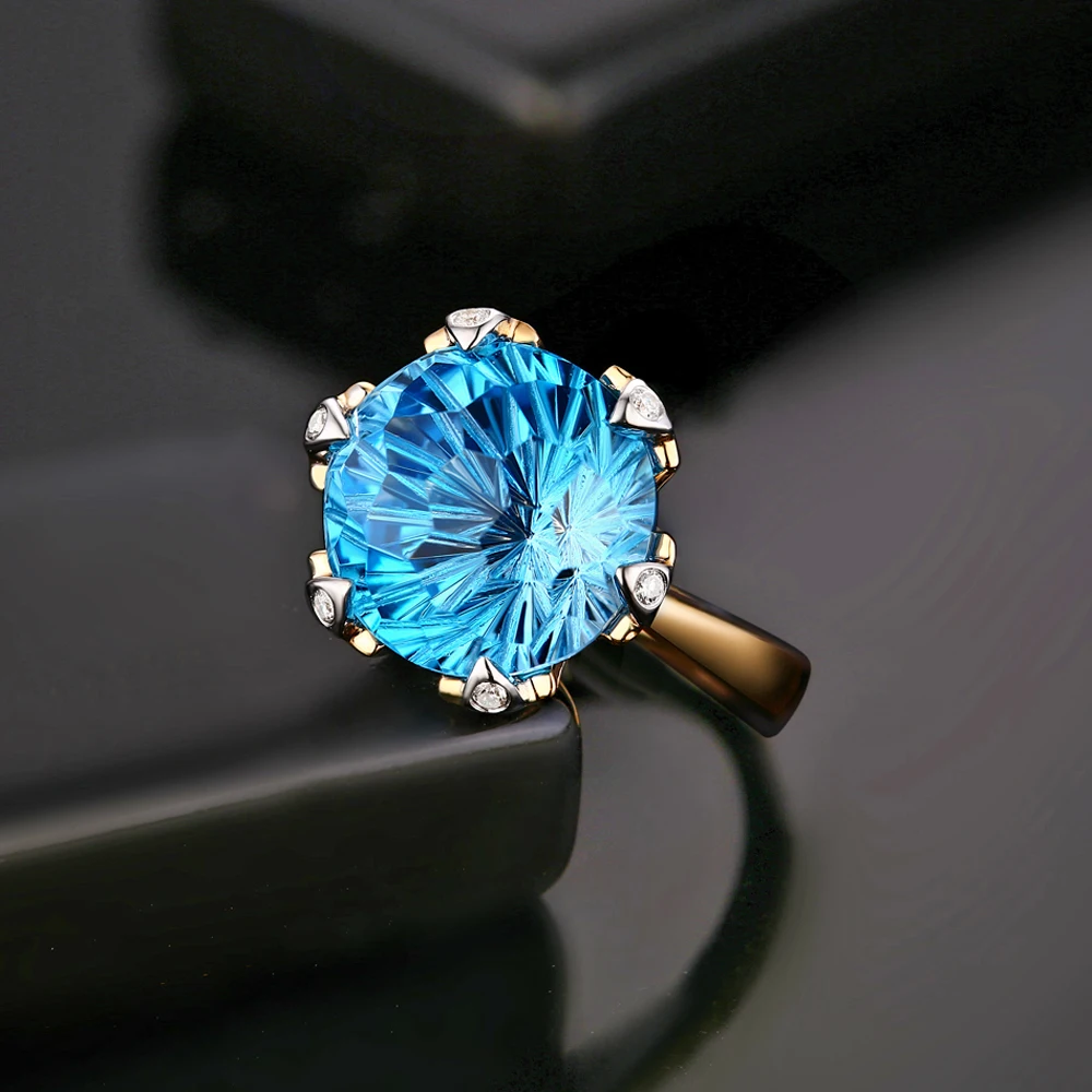 14kt желтого золота 9.68ct большой 12 мм круглая огранка голубой топаз H SI АЛМАЗ Обручение кольцо