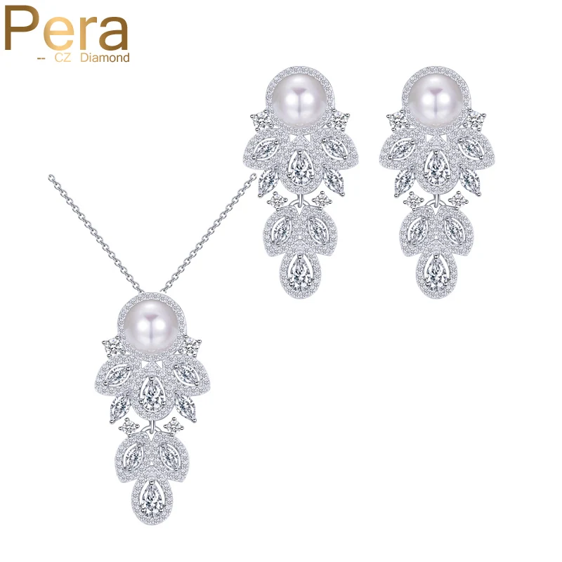 Роскошное женское ожерелье и серьги Pera из жемчуга серебряного цвета с большим