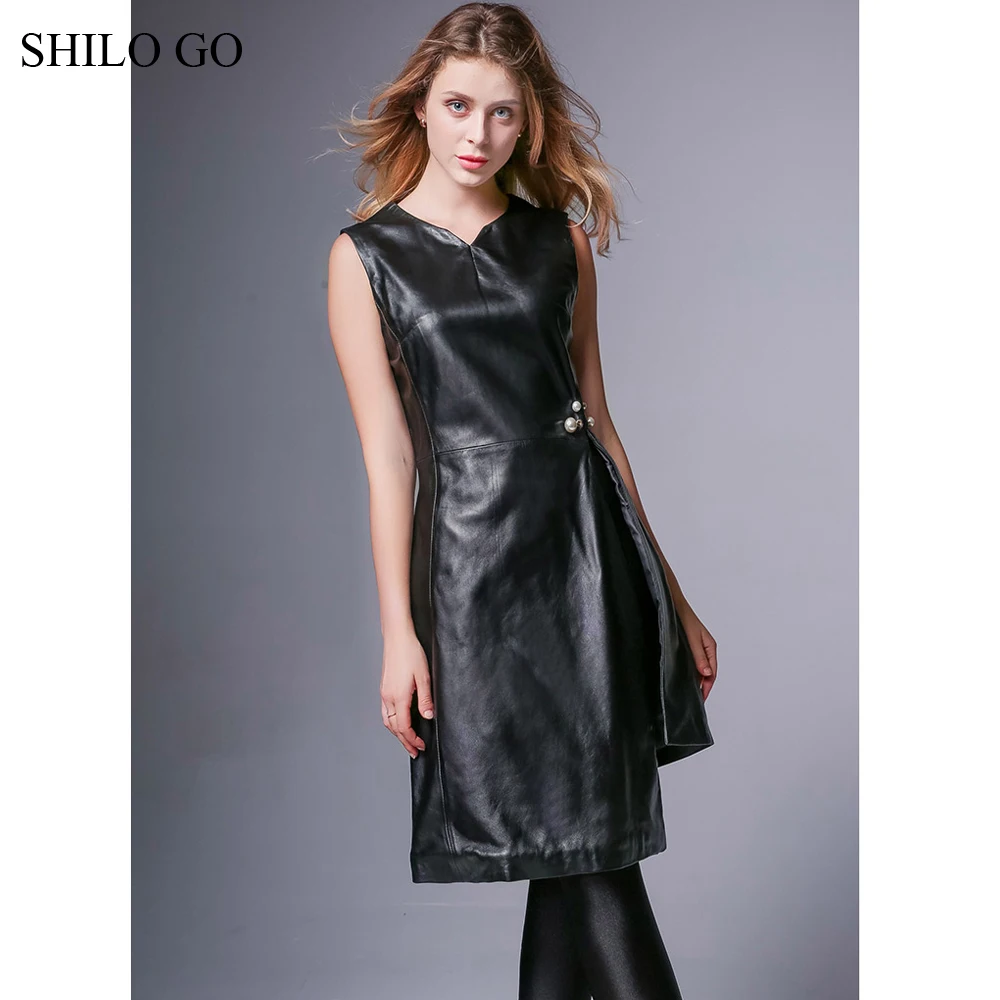 Платье SHILO GO из натуральной овчины Осеннее модное платье с треугольным вырезом