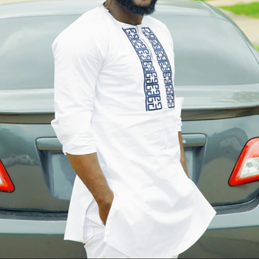 

African National Style Printing Long Sleeve T-shirt with Round Neck New High Quality Clothing for Men Split Side Male Tee Shirt