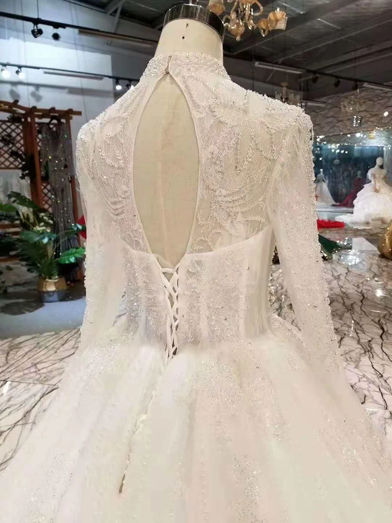 LSS289 like white wedding dress boho long sleeve open back high neck cheap gown with train illusion robe blanche | Свадьбы и