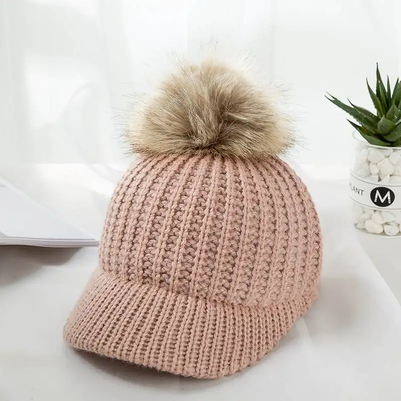 pink Зимняя детская шапка с меховым помпоном, Детская вязаная бейсболка, регулируемая одноцветная шапка для мальчиков, шляпы от солнца для девочек - Цвет: pink