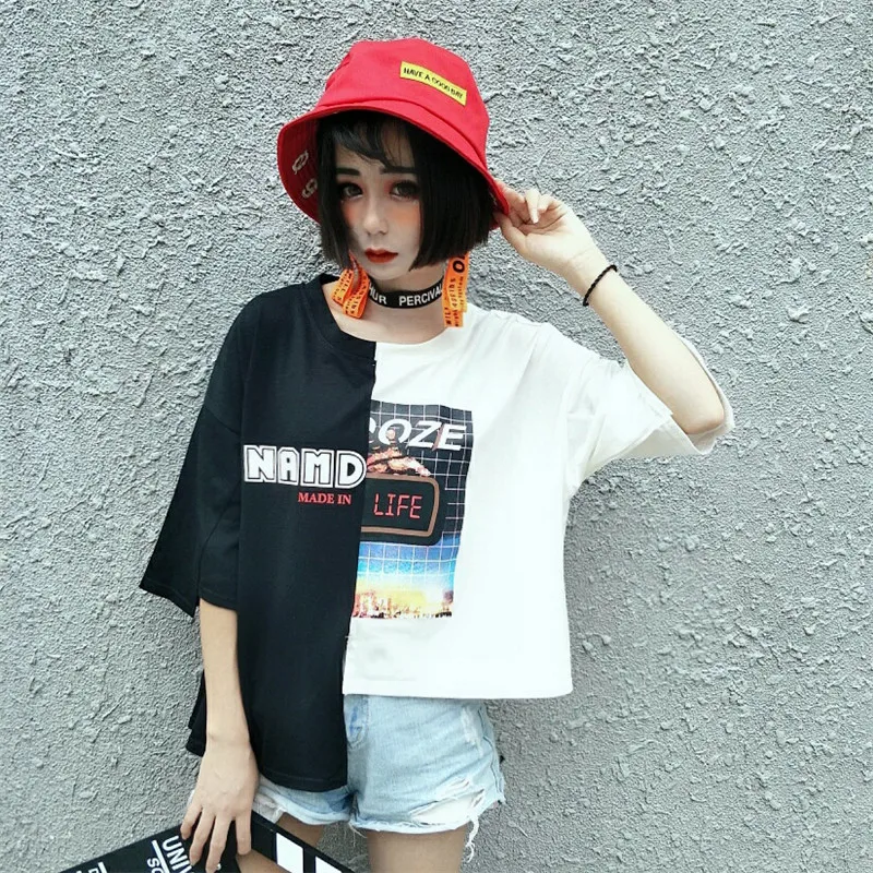 Женская футболка с круглым вырезом Ulzzang Корейская коротким рукавом и графическим