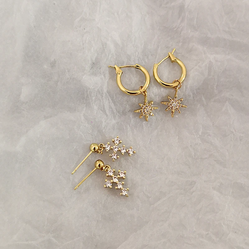 Peri'sBox Eight-Pointed Star Dainty CZ Huggie Hoop Earrings for Women Cubic Zirconia Cross Pendant Earrings Charm Hoops