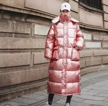 Pink Женские Длинные пуховики, парка с капюшоном, зимняя верхняя одежда, теплая Мода, яркое серебряное хлопковое пальто, женское Свободное пальто с подкладкой - Цвет: Pink