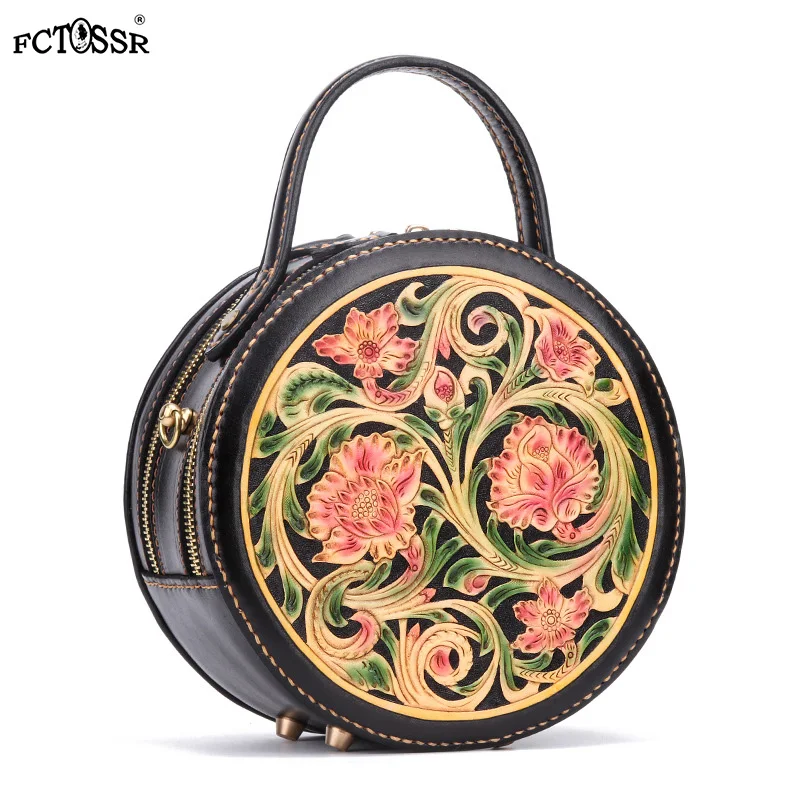 

Lady Vintage Flower Painted Hand Sewing Chinese style genuine leather high quality Top-handle Double-sided Women Shoulder Bag