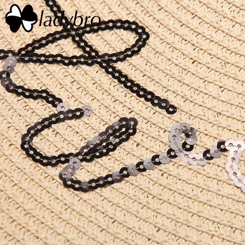 Ladybro Summer Women Sun Hat Wide Brim Beach For Female Elegant Party Vintage Floppy Ladies Vacation Sequins Straw | Аксессуары для