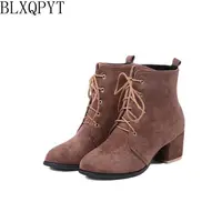 BLXQPYT New Fashion Sale Big size 32-45 Autumn warm winter ankle boots women Lace up high heels Party wedding short boots c8-37