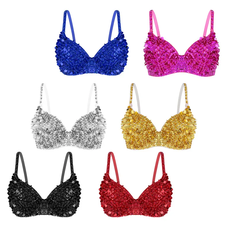 TiaoBug Women Adjustable Straps Shiny Sequins Beading Padded Bra Tops Festival Rave Performance Club Wear Belly Dance Costume |