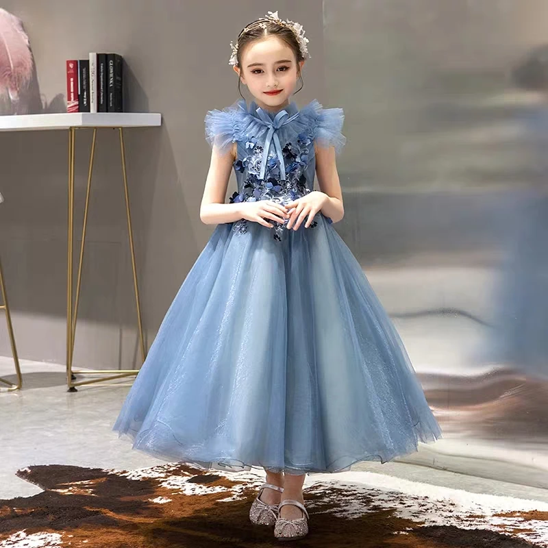 

Baby Kids Elegant Appliques Flowers Host Piano Costumes Prom Mesh Dress 2021Summer Elegant New Birthday Wedding Party Long Dress