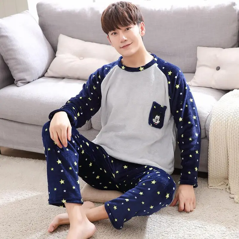 Style 17 Пижамный комплект, Мужская зимняя теплая полосатая Пижама, плотная Фланелевая пижама с принтом, длинные рукава, штаны, рубашка с v-образным вырезом, мужская домашняя пижама - Цвет: Style 17