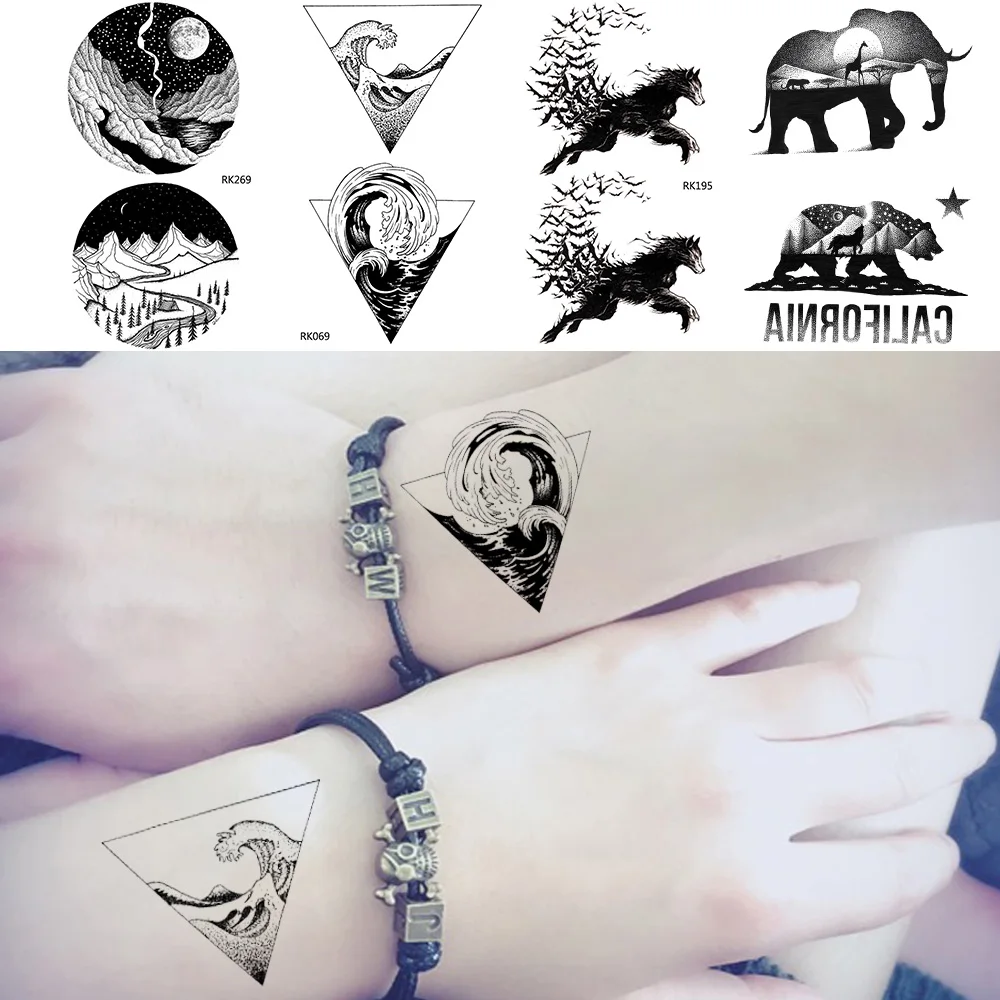

IORIKYO Men Black Triangle Sea Wave Tattoo Stickers Women Universe Temporary Lovers Tattoo Small Elephant Tattoo Bird Circular