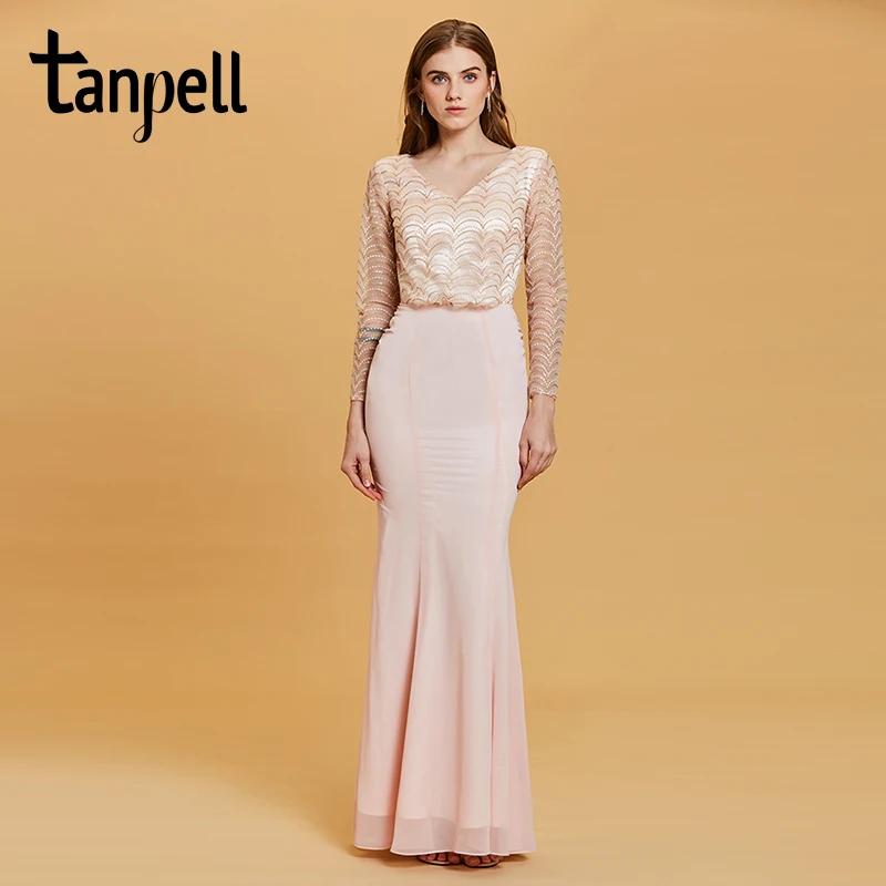 

Tanpell lace v neck evening dress pearl pink full sleeves floor length chiffon gown women formal long mermaid evening dresses