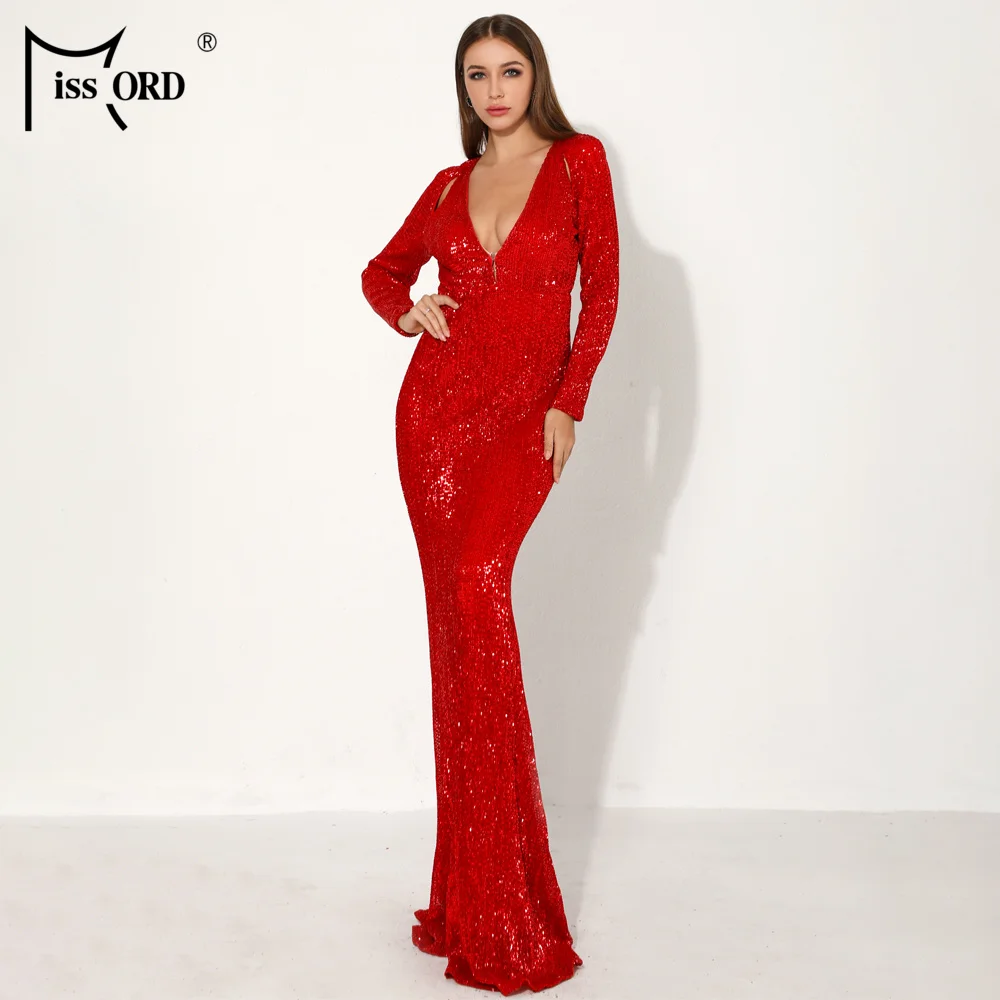 Missord Women Sexy Deep-V Long Sleeve Reflective Dresses Female Solid Color Sequin Maxi Party Dress Vestdios FT18861-1