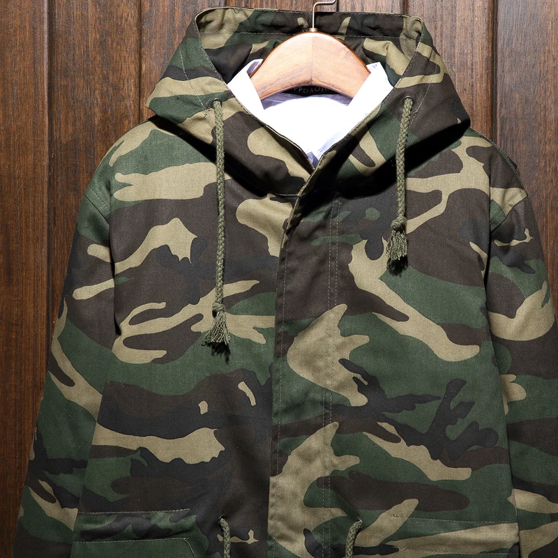 2016 Для мужчин зимние толстые теплые Армейский зеленый камуфляж с капюшоном
