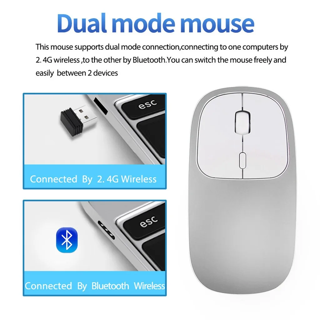 Беспроводная bluetooth-мышка VOBERRY перезаряжаемая 2,4 ГГц, металлическая Бесшумная Двухрежимная оптическая мышь 1600 dpi, точное расположение IC