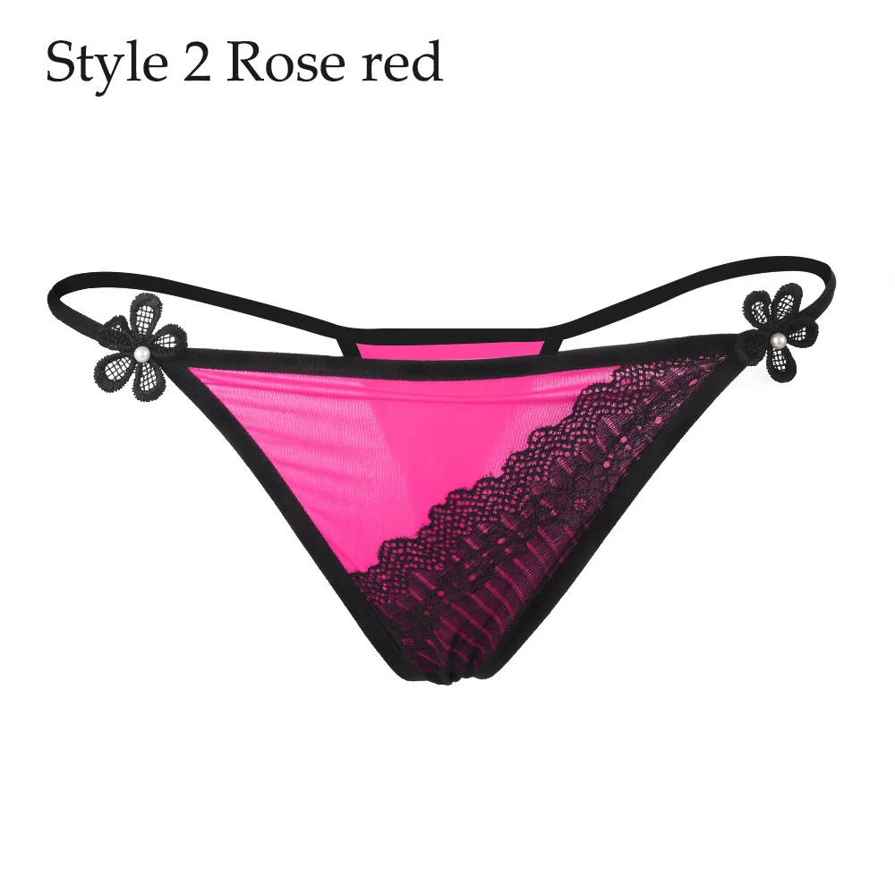 Style 2 Rose red Женское Эротическое белье, сексуальные кружевные трусики с цветами, трусики с низкой талией, стринги, прозрачные трусы с Т-образной спинкой, нижнее белье, стильные трусы - Цвет: Style 2 Rose red