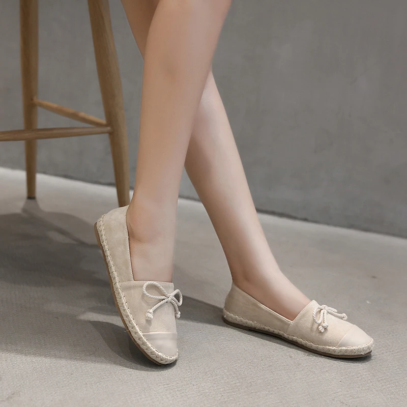 

Linen Women Leather Loafers NIUFUNI 2020 Fashion Ballet Flats Shoes Woman Slip On Bow Boat Shoes Shallow Casual Moccasins