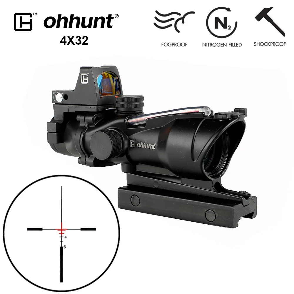 Reticle Model 1 Red Ohhunt 4X32 Riflescope BDC шеврон сетка настоящий волоконный красный зеленый освещенный прицел с красной точкой зрения для cal. 223. 308 винтовка - Цвет: Reticle Model 1 Red