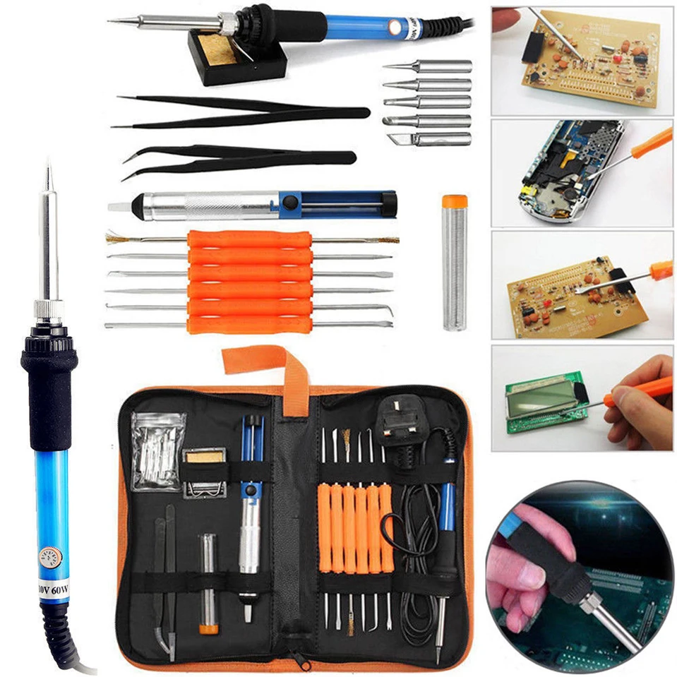 

220/110v 60w Adjustable Temperature Electric Soldering Iron Kit+5pcs Tips Portable Welding Repair Tool Tweezers Solder Wire