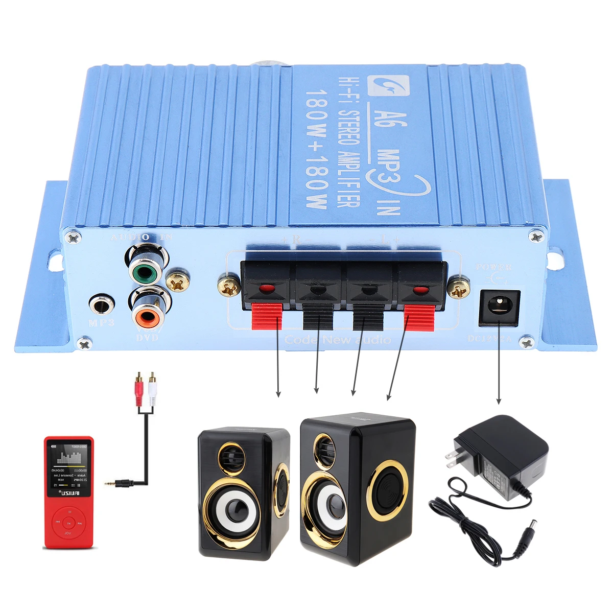 Автомобильный усилитель A6 DC12V 2,0 двухканальный MP3 Hi-Fi стерео усилитель 180 Вт 3,5 мм AUX Jack для автомобиля PC Динамик CD сабвуфер для мотоцикла