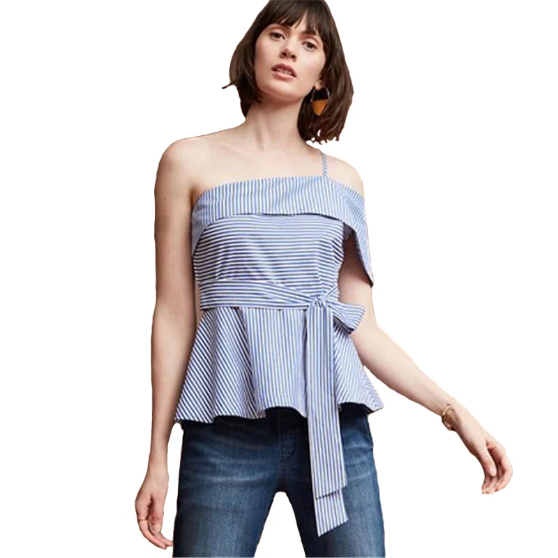 Слово воротник ремни синий и белый в полоску Блузы с открытыми плечами Леди Топ