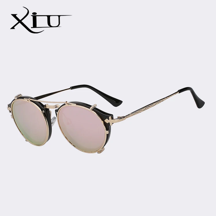 Black w pink mirr XIU клип на солнцезащитные очки для мужчин стимпанк бренд дизайн для женщин модные очки Винтаж Ретро мода солнцезащитные очки UV400 - Цвет линз: Black w pink mirr