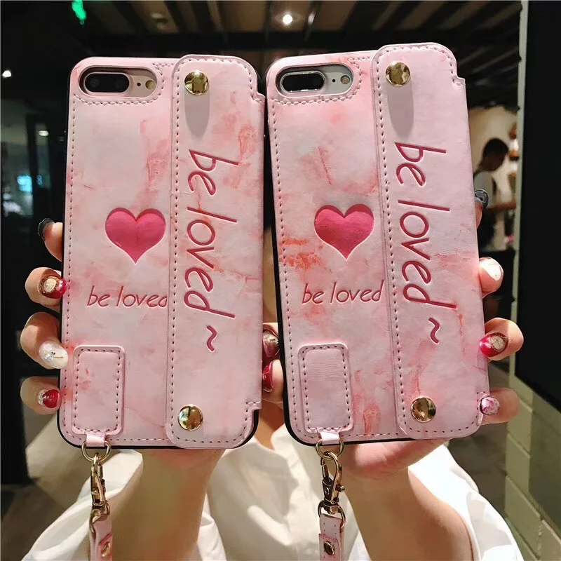 2in1 Cute Love Heart Wallet Leather Phone Case for IPhone X 6 6S 6P 7 8 Plus with Hand Strap |