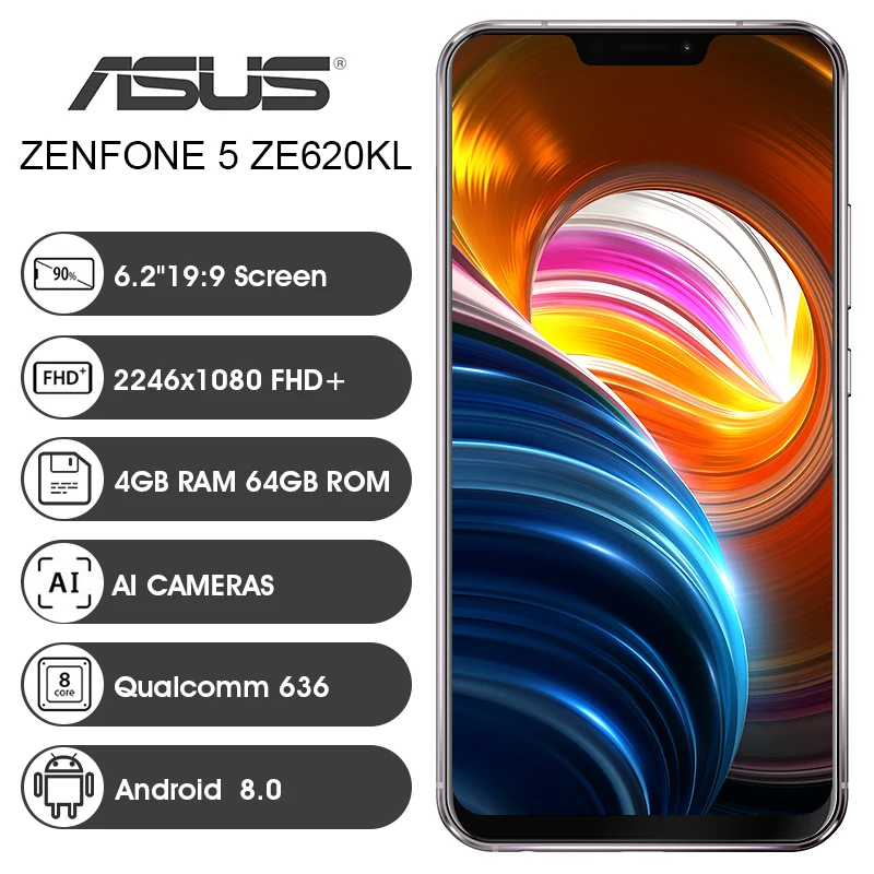 ASUS Zenfone 5 ZE620KL глобальная версия 6," 19:9 FHD+ 2246*1080 экран Android 8,0 мобильный телефон Qualcomm Snapdragon 636 4 Гб 64 Гб NFC