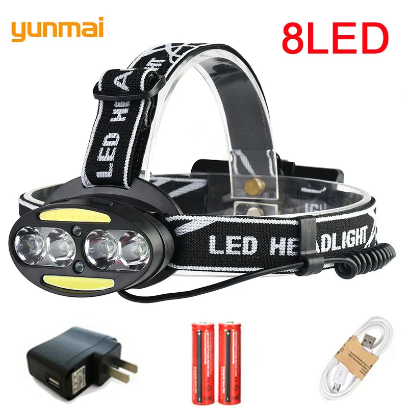 Налобный фонарь yunmai 8 светодиодов супермощный функциональный 4T6 + 2COB 2LED