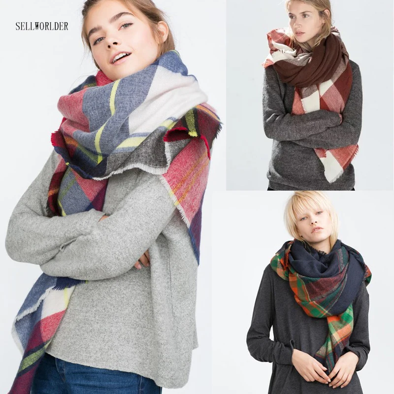 Женский зимний шарф в клетку SELLWORLD теплый длинный 16 стилей 2021|women winter scarf|brand fashion