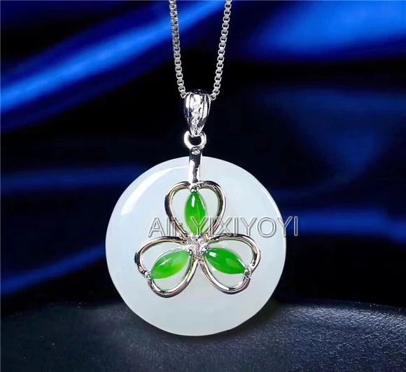 Красивый настоящий кулон из серебра 925 пробы с белым зеленым нефритовым цветком и