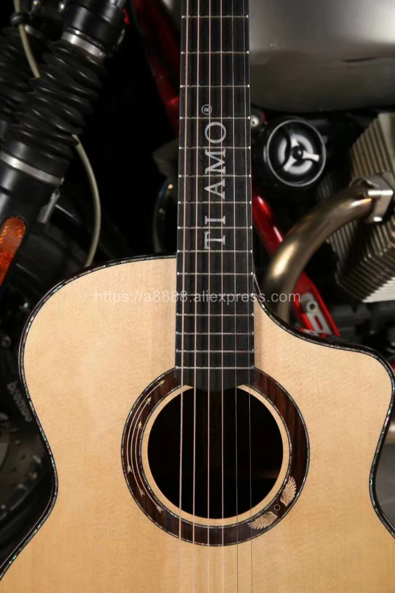 Профессиональная полностью твердая гитара, 4" Cutaway Jumbo гитара с твердой еловой верхней частью/твердый корпус из палисандра, Амура оболочки шаблон мозаика