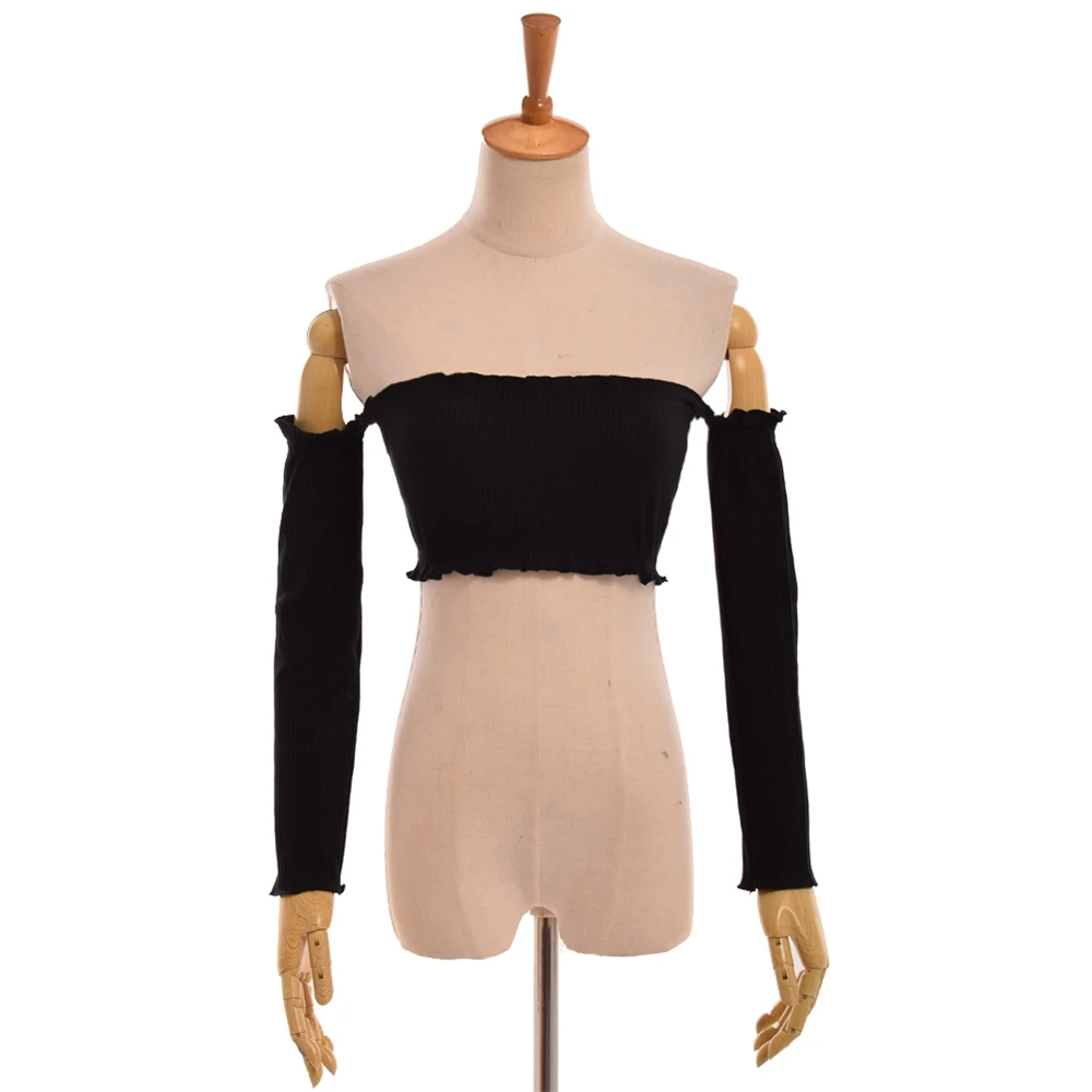 Сексуальный женский топ с открытыми плечами оборками длинным рукавом короткий