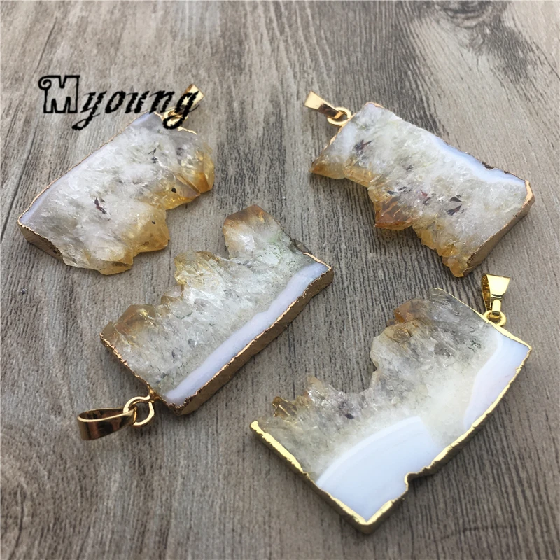 Rectangle Yellow Crystal Quartz Slice Pendant Citrines Charm With Gold Bails For Necklace DIY Jewelry MY1687 | Украшения и