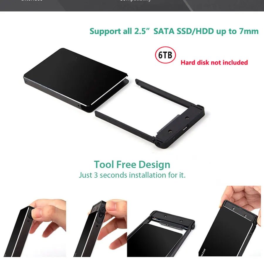 Безвинтовой USB3.1 Gen2 type-C 2," внешний SSD/HDD корпус жесткого диска/чехол с USB-C 10 Гбит/с для ноутбука MAC PC Настольный компьютер
