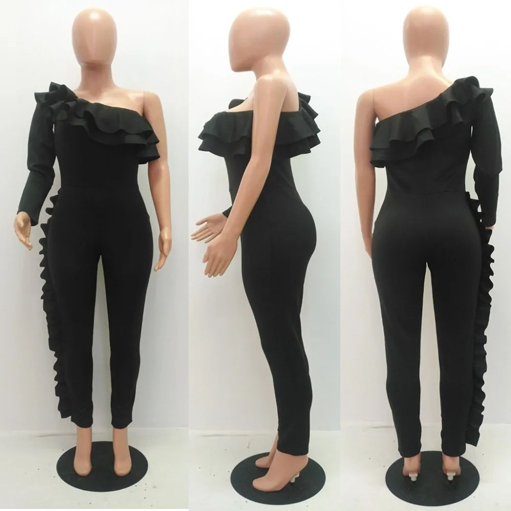 

Ruffed Sleeve Off Shoulder Women Sheath Bodysuits One Piece Jumpsuits
