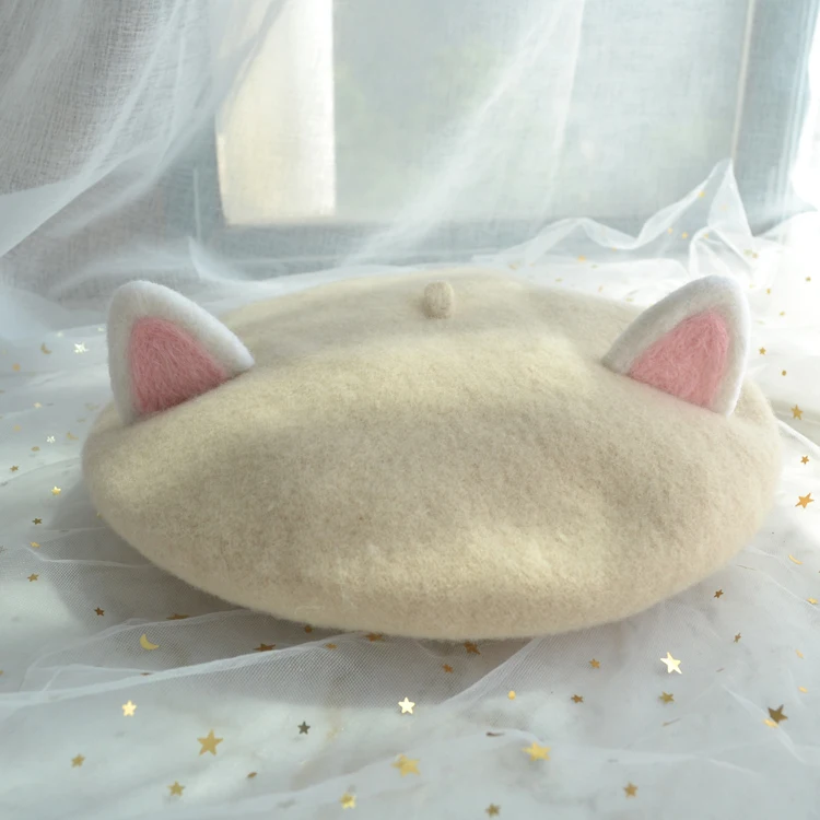 beige Ручной шерстяного фетра с кошачьими ушками береты express; meow родитель-ребенок почки шляпа - Цвет: beige