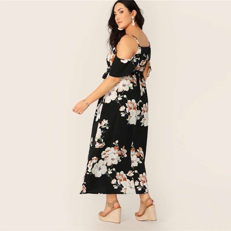 SHEIN, Платье макси с открытыми плечами размера плюс, растительное платье с запахом,, женское летнее платье в стиле бохо, облегающее и расклешенное платье с высокой талией на тонких бретелях