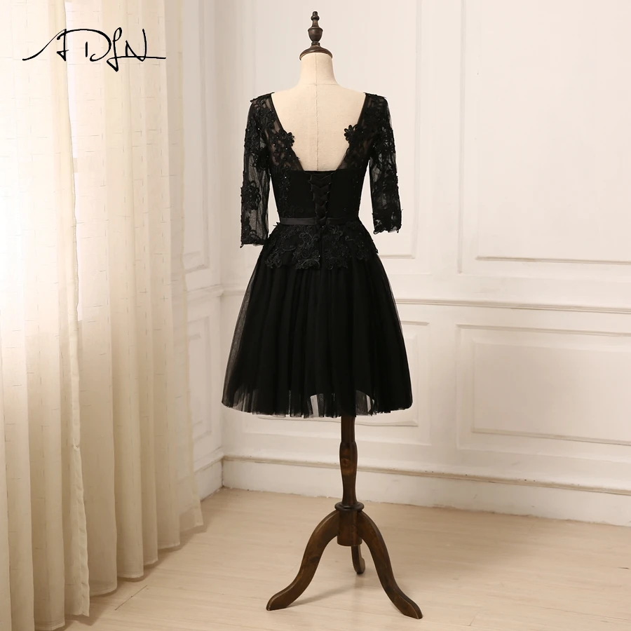 ADLN Черное вечернее платье короткие трапециевидные Половина рукава Аппликация из