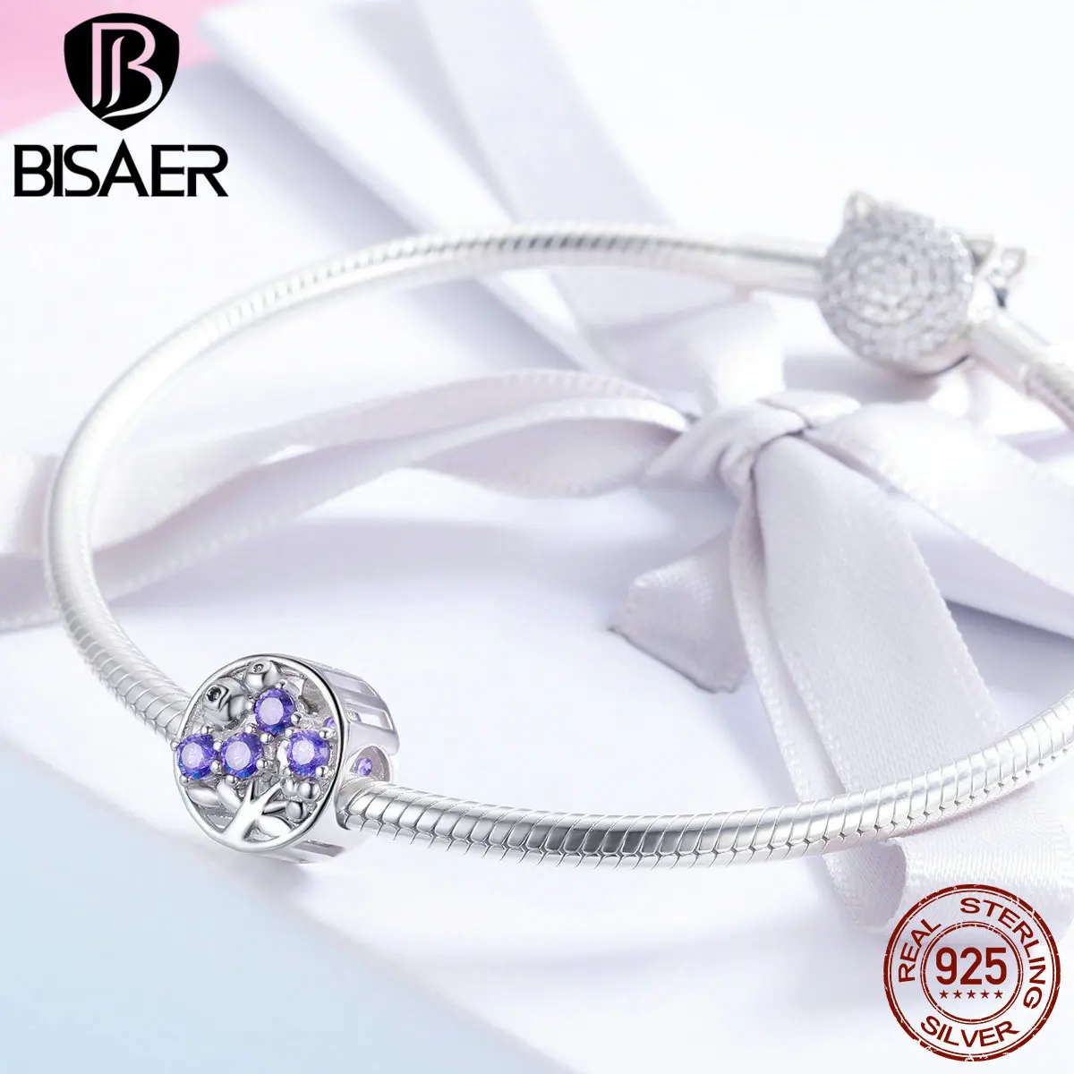 BISAER, настоящая 925 пробы, серебро, черника, дерево, подвески в виде листьев, фиолетовый CZ бисер, подходит для женщин, браслет, сделай сам, для изготовления ювелирных изделий EFC015