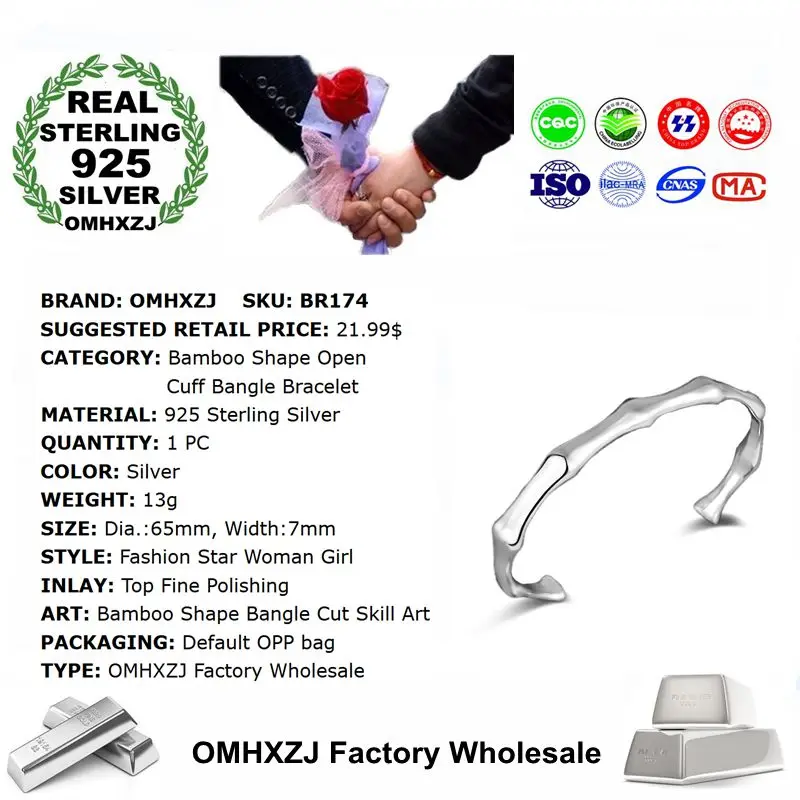 OMHXZJ Wholesale Personality Fashion OL Woman Girl Gift Silver Bamboo Shaped Open 925 Sterling Cuff Bangle Bracelet BR174 | Украшения и