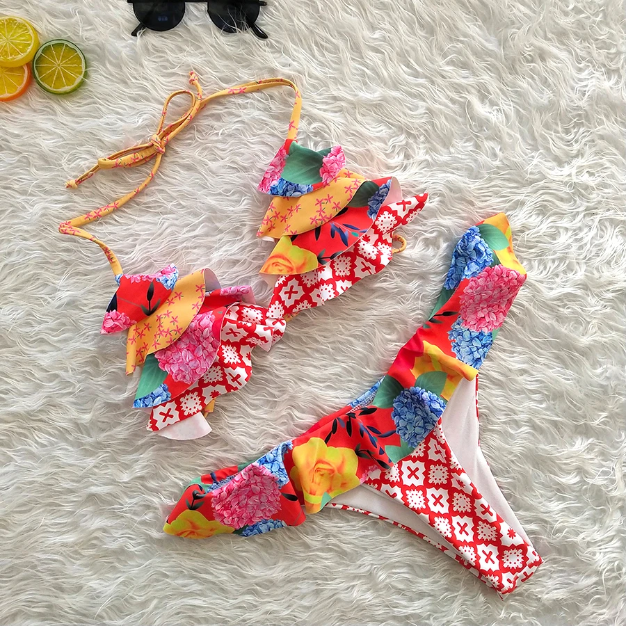 Цвет: желтый Women Bikini Sets Floral Ruffles Push-up Padded Bra Bikini Halter Tops Thong Bottoms Swimwear Swimsuit Set - Цвет: Цвет: желтый