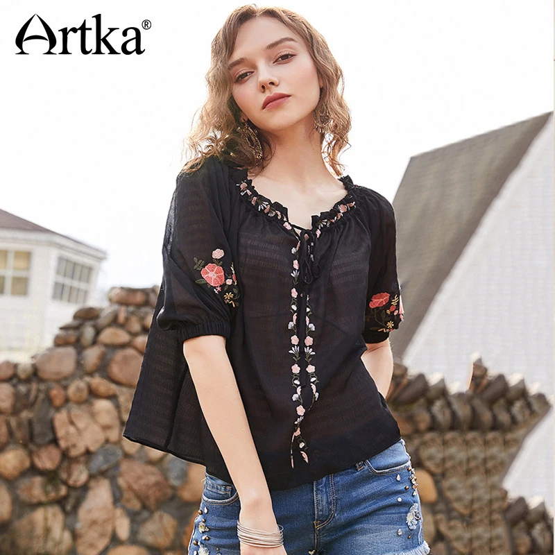ARTKA Лето 2018 Новая женская винтажная кружевная тонкая черная рубашка с цветочной