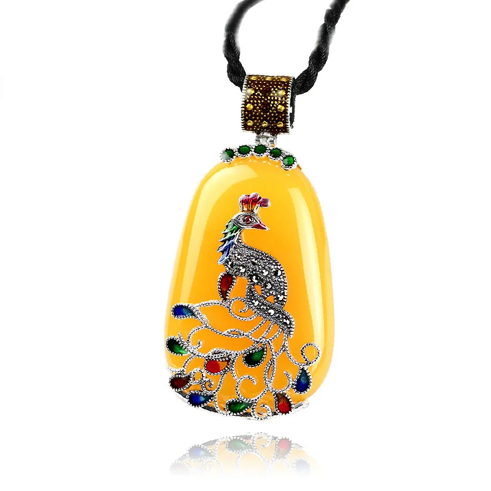Yellow JIASHUNTAI Винтаж Серебро 925 пробы королевские натуральные камни подвеска на ожерелье Павлин ювелирные изделия для женщин Ретро - Окраска металла: Yellow