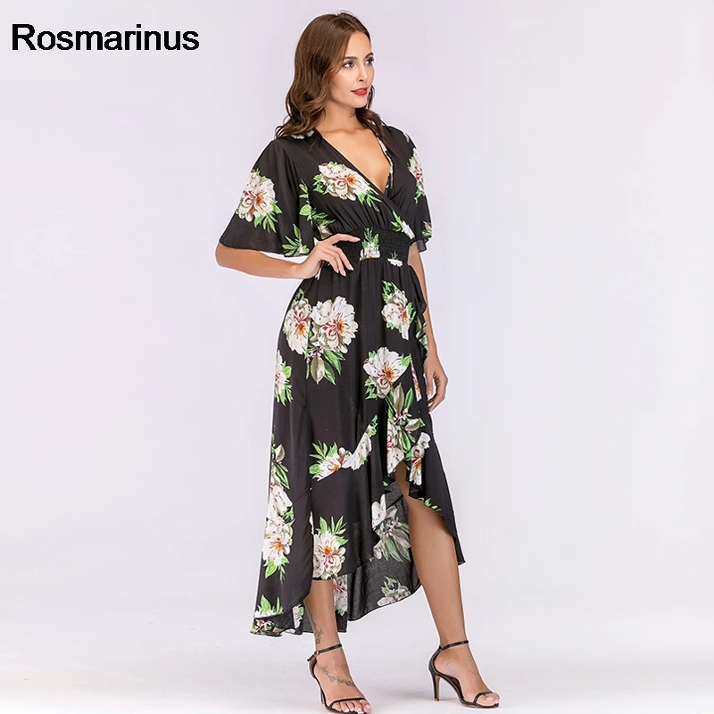 Floral Bohemian Long Dress 2018 Women Summer Deep V Neck Short Sleeve High Low Sexy Irregular Ruffles Beach Tunic Sundress | Женская