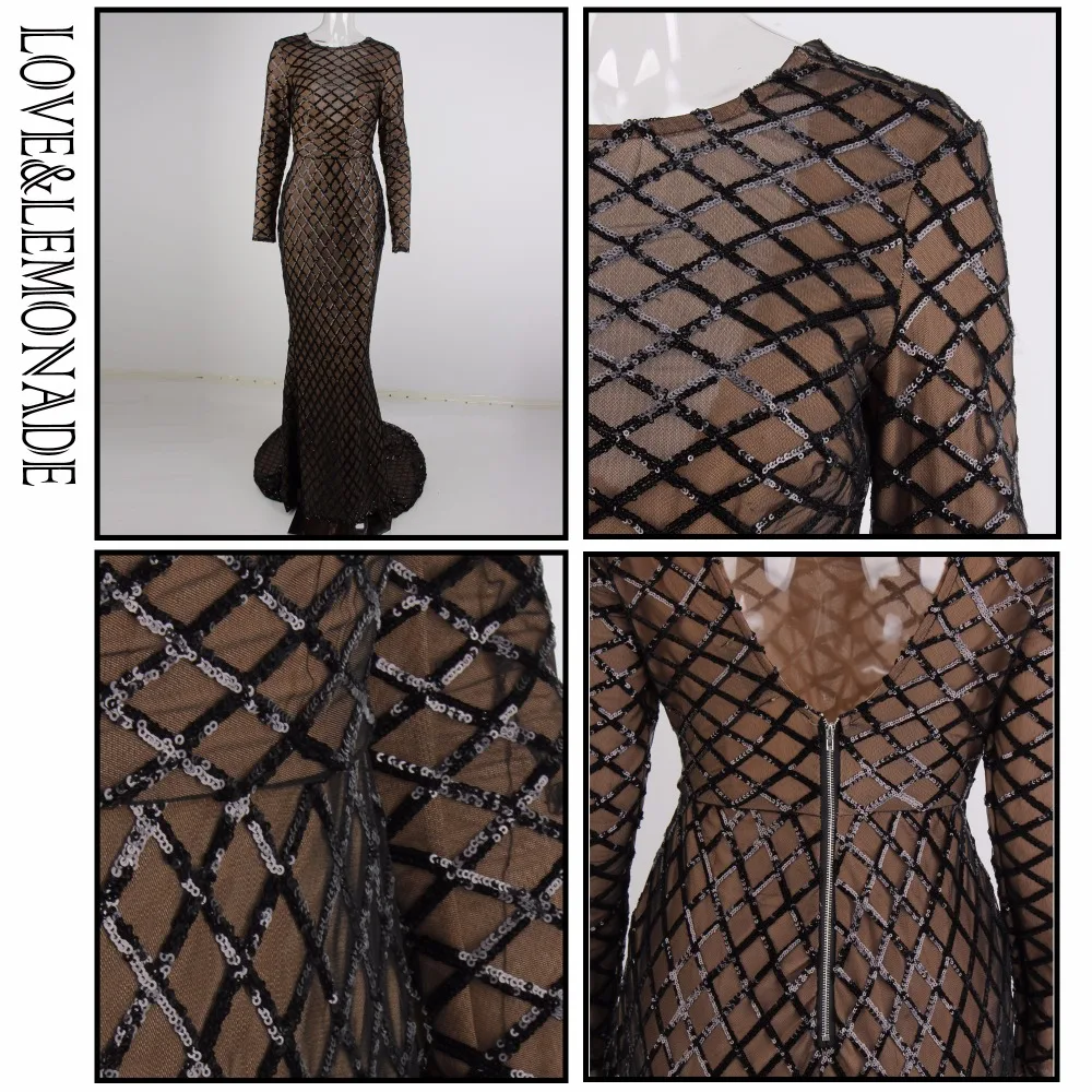 

LOVE & LEMONADE Black Open Back Plaid Sequined Fish Long Dress LM0762